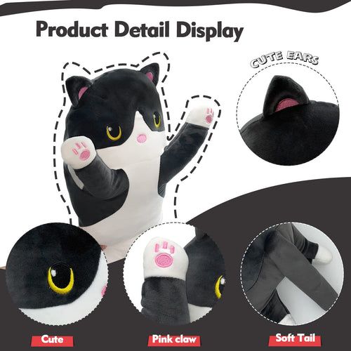 19.6in Long Cat Plush Pillow - Black Cat Plushie Stuffed Animal, Kawaii Body Pillow Gift