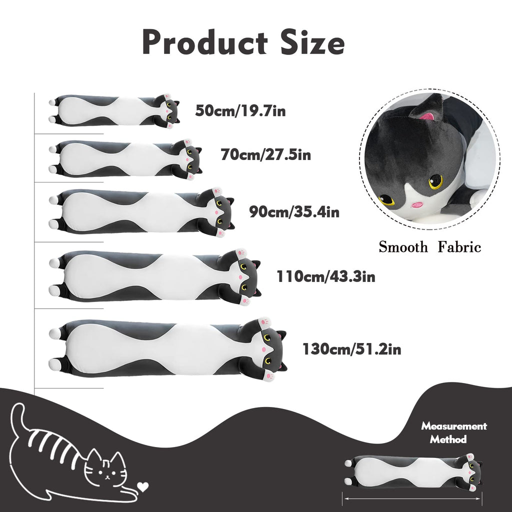 19.6in Long Cat Plush Pillow - Black Cat Plushie Stuffed Animal, Kawaii Body Pillow Gift