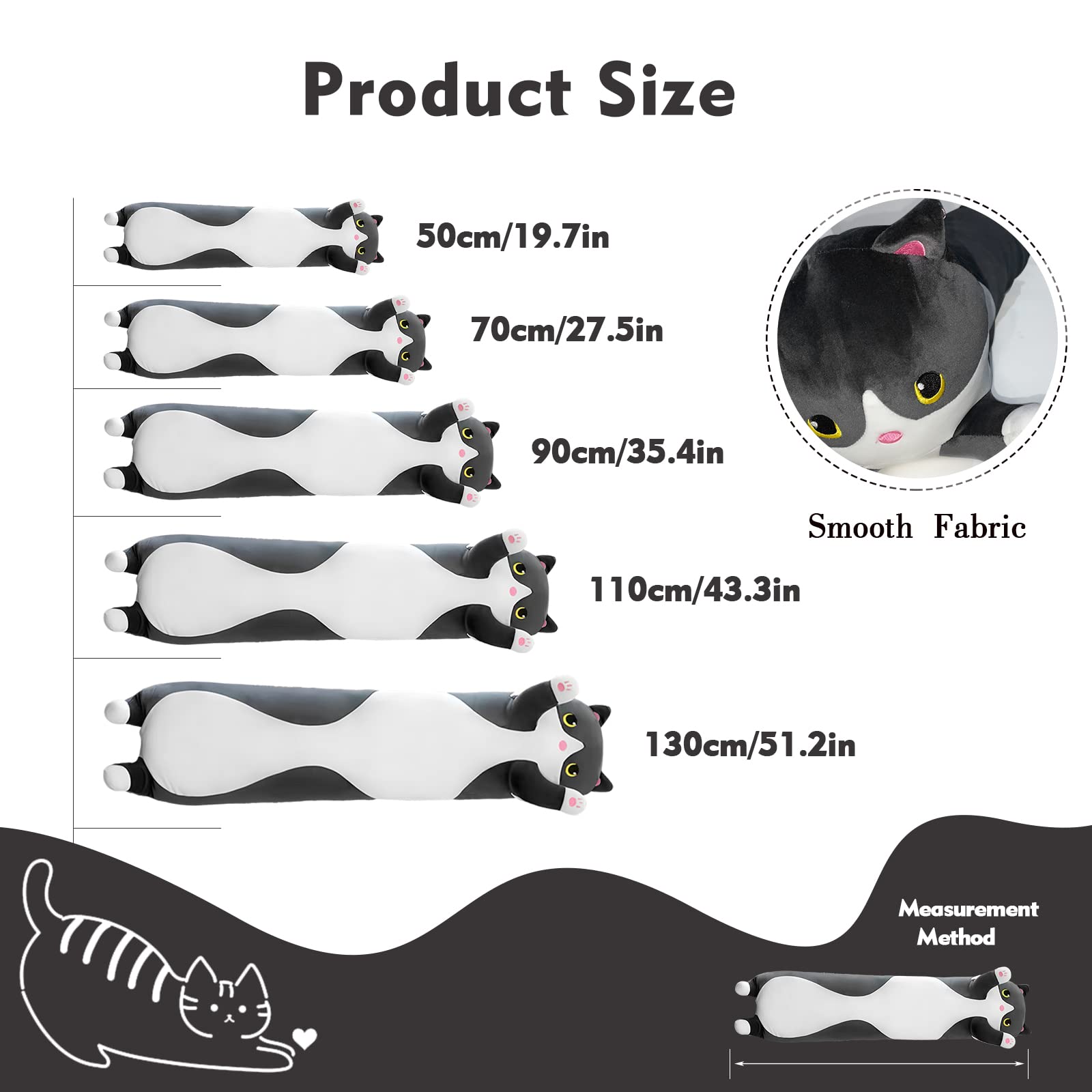 19.6in Long Cat Plush Pillow - Black Cat Plushie Stuffed Animal, Kawaii Body Pillow Gift