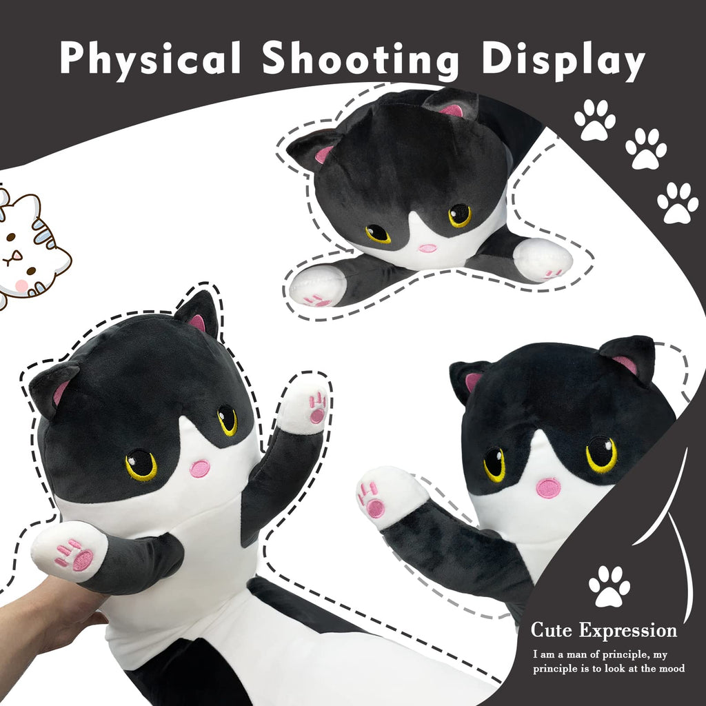 19.6in Long Cat Plush Pillow - Black Cat Plushie Stuffed Animal, Kawaii Body Pillow Gift