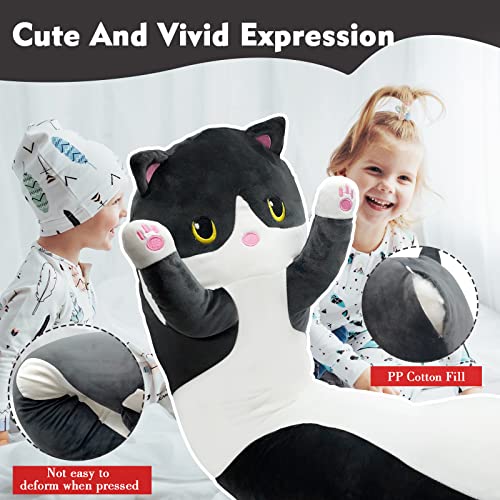 19.6in Long Cat Plush Pillow - Black Cat Plushie Stuffed Animal, Kawaii Body Pillow Gift