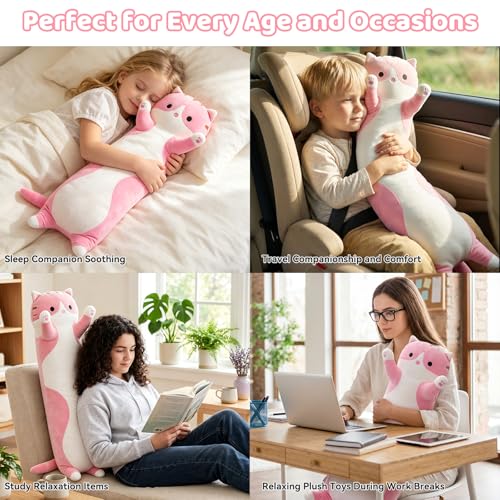 19.7-Inch Long Cat Plush Body Pillow – Soft Stretchy Fabric, Machine Washable Kawaii Cat Stuffed Animal for Kids and Travel