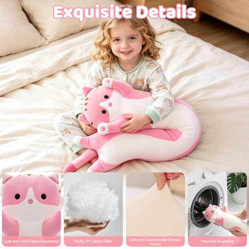 19.7-Inch Long Cat Plush Body Pillow – Soft Stretchy Fabric, Machine Washable Kawaii Cat Stuffed Animal for Kids and Travel