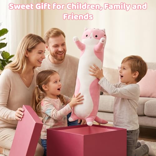 19.7-Inch Long Cat Plush Body Pillow – Soft Stretchy Fabric, Machine Washable Kawaii Cat Stuffed Animal for Kids and Travel
