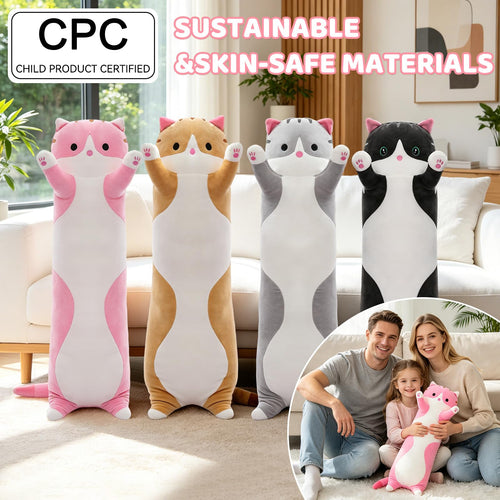 19.7-Inch Long Cat Plush Body Pillow – Soft Stretchy Fabric, Machine Washable Kawaii Cat Stuffed Animal for Kids and Travel