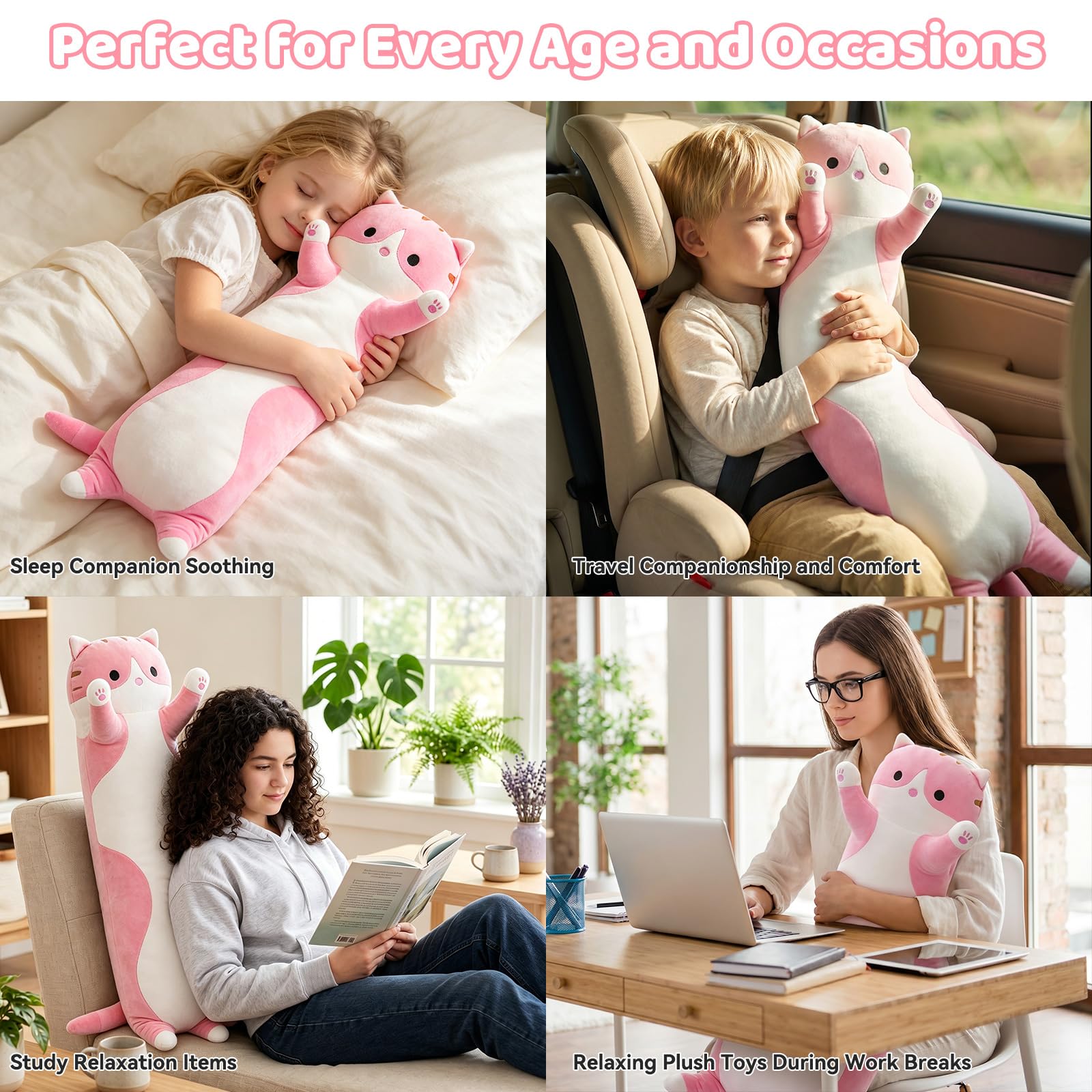 19.7-Inch Long Cat Plush Body Pillow – Soft Stretchy Fabric, Machine Washable Kawaii Cat Stuffed Animal for Kids and Travel
