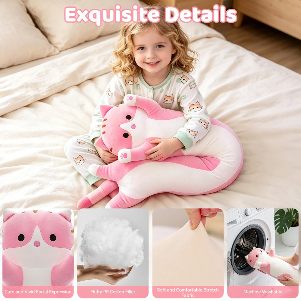 19.7-Inch Long Cat Plush Body Pillow – Soft Stretchy Fabric, Machine Washable Kawaii Cat Stuffed Animal for Kids and Travel