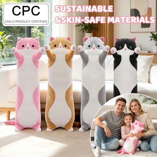 19.7-Inch Long Cat Plush Body Pillow – Soft Stretchy Fabric, Machine Washable Kawaii Cat Stuffed Animal for Kids and Travel