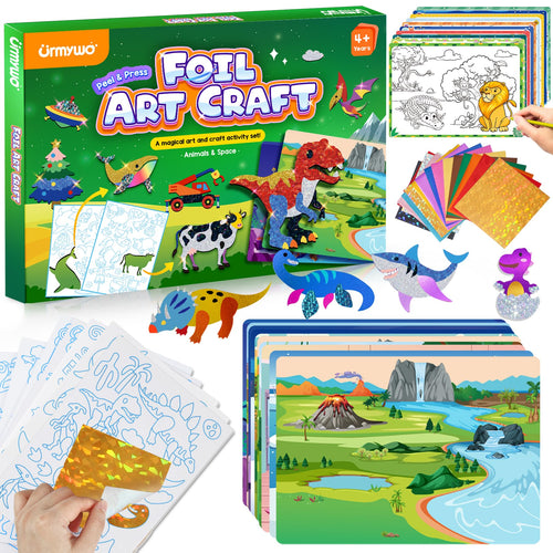 2-in-1 Foil Art Craft Kit - Dinosaur & Space Sticker Coloring Activity for Kids Ages 4-10