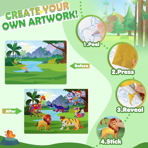 2-in-1 Foil Art Craft Kit - Dinosaur & Space Sticker Coloring Activity for Kids Ages 4-10