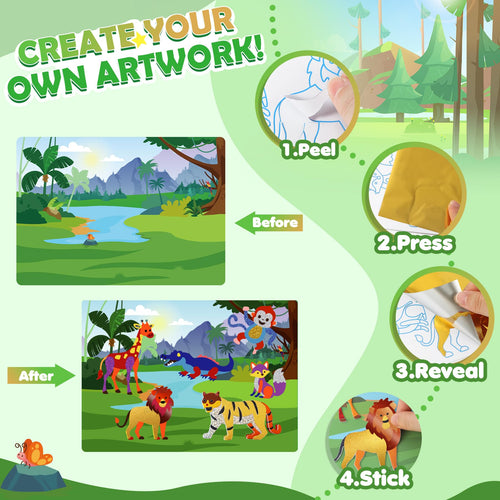 2-in-1 Foil Art Craft Kit - Dinosaur & Space Sticker Coloring Activity for Kids Ages 4-10