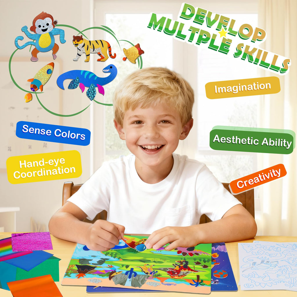 2-in-1 Foil Art Craft Kit - Dinosaur & Space Sticker Coloring Activity for Kids Ages 4-10