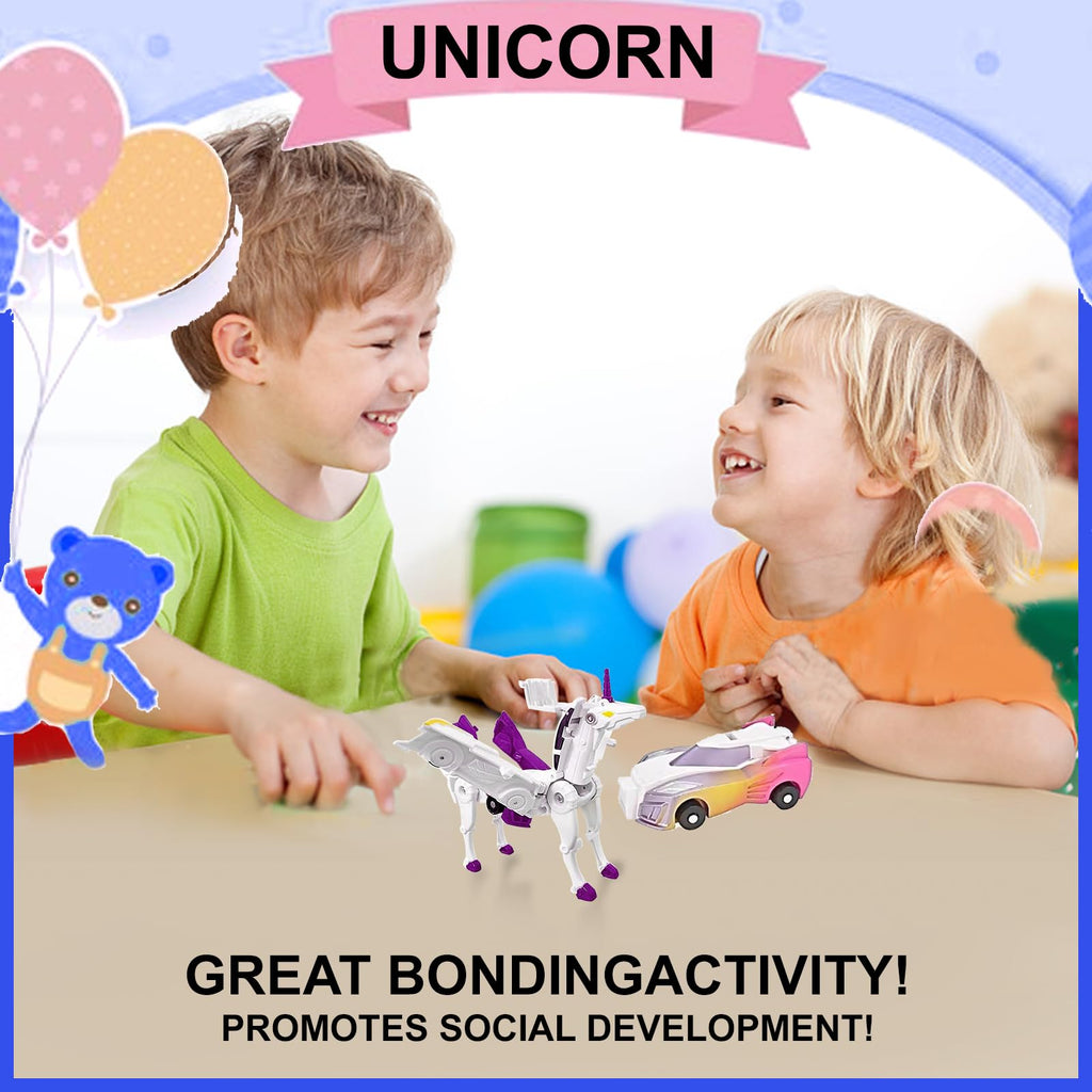 2-in-1 Magnetic Collision Transforming Cars Toy – Unicorn Robot Car for Kids Ages 2-12, No Batteries Required, Purple