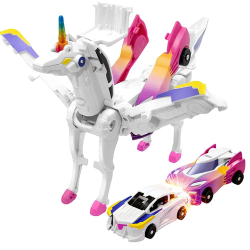 2-in-1 Magnetic Crash Transform Unicorn Car Toy - Dazzle Pink, No Batteries, Ages 2-12