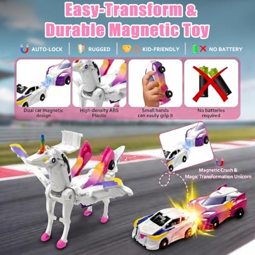 2-in-1 Magnetic Crash Transform Unicorn Car Toy - Dazzle Pink, No Batteries, Ages 2-12