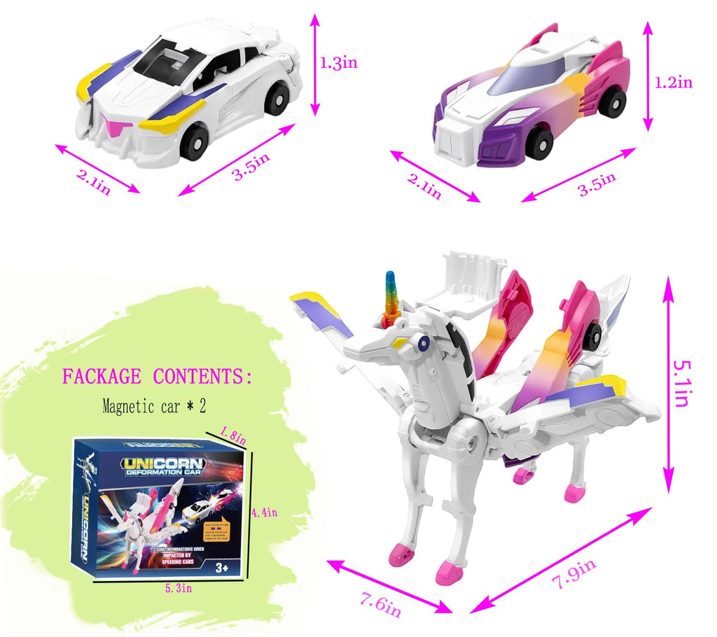 2-in-1 Magnetic Crash Transform Unicorn Car Toy - Dazzle Pink, No Batteries, Ages 2-12