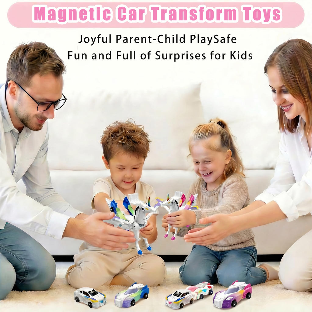 2-in-1 Magnetic Crash Transform Unicorn Car Toy - Dazzle Pink, No Batteries, Ages 2-12