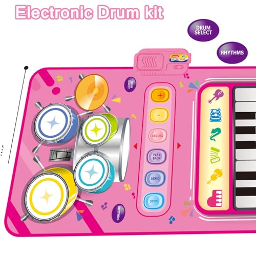 2 in 1 Piano Mat & Drum Toy for 1 Year Old Girl Gift - Montessori Educational Musical Playmat for Toddlers