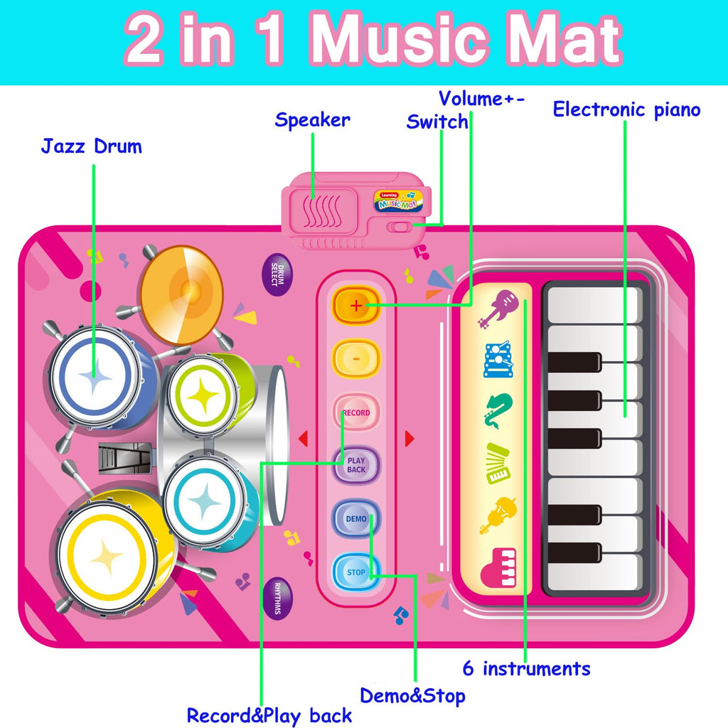 2 in 1 Piano Mat & Drum Toy for 1 Year Old Girl Gift - Montessori Educational Musical Playmat for Toddlers
