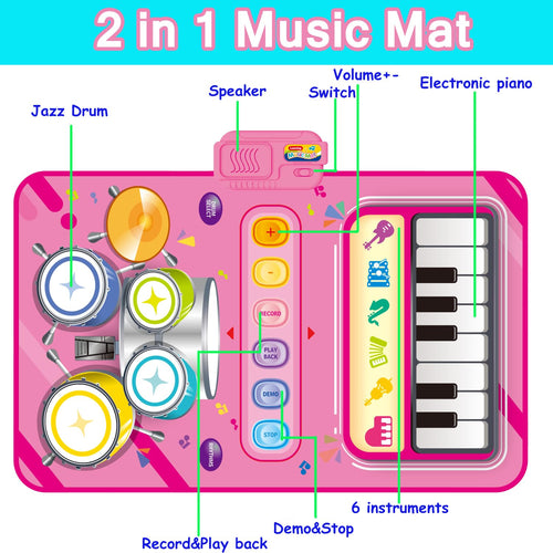 2 in 1 Piano Mat & Drum Toy for 1 Year Old Girl Gift - Montessori Educational Musical Playmat for Toddlers