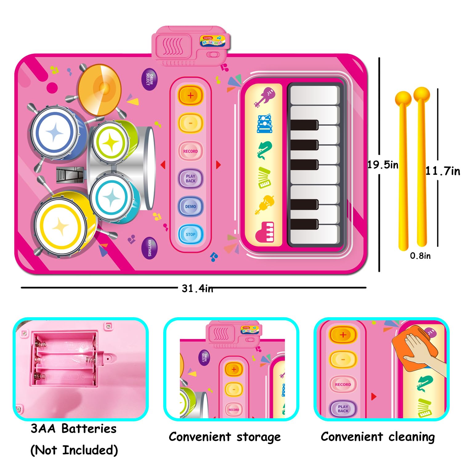 2 in 1 Piano Mat & Drum Toy for 1 Year Old Girl Gift - Montessori Educational Musical Playmat for Toddlers