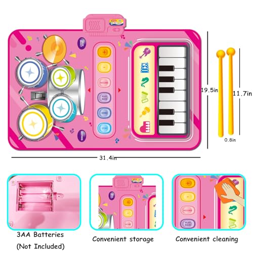 2 in 1 Piano Mat & Drum Toy for 1 Year Old Girl Gift - Montessori Educational Musical Playmat for Toddlers