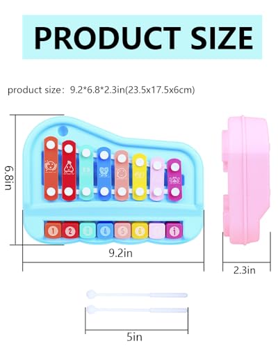 2-in-1 Piano Xylophone for Toddlers, 8 Key Musical Toy with Mallets (Pink)