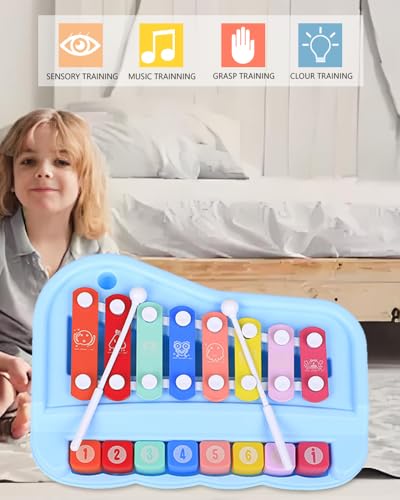 2-in-1 Piano Xylophone for Toddlers, 8 Key Musical Toy with Mallets (Pink)