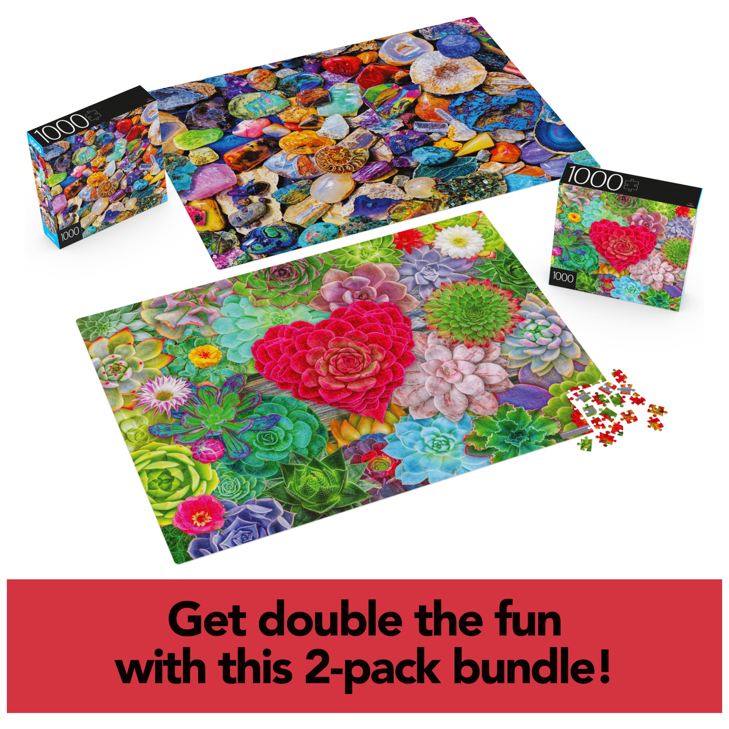 2-Pack 1000-Piece Jigsaw Puzzles: Succulents & Rocks and Minerals – Amazon Exclusive for Adults & Kids 8+