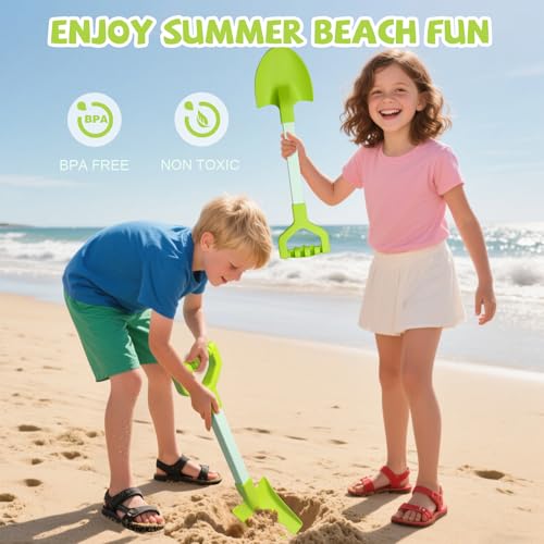 2-Pack 20-Inch Green Kids Beach Shovels - Heavy Duty Plastic Sand Scoops for Sandbox, Garden & Snow