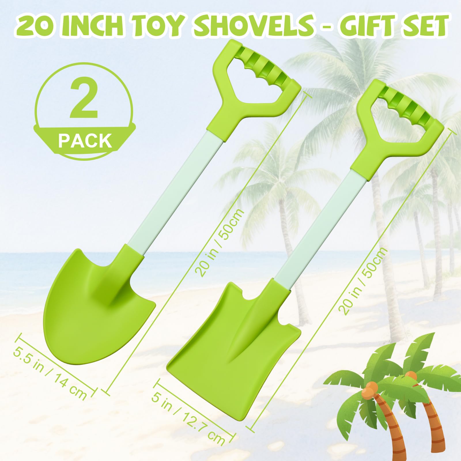 2-Pack 20-Inch Green Kids Beach Shovels - Heavy Duty Plastic Sand Scoops for Sandbox, Garden & Snow
