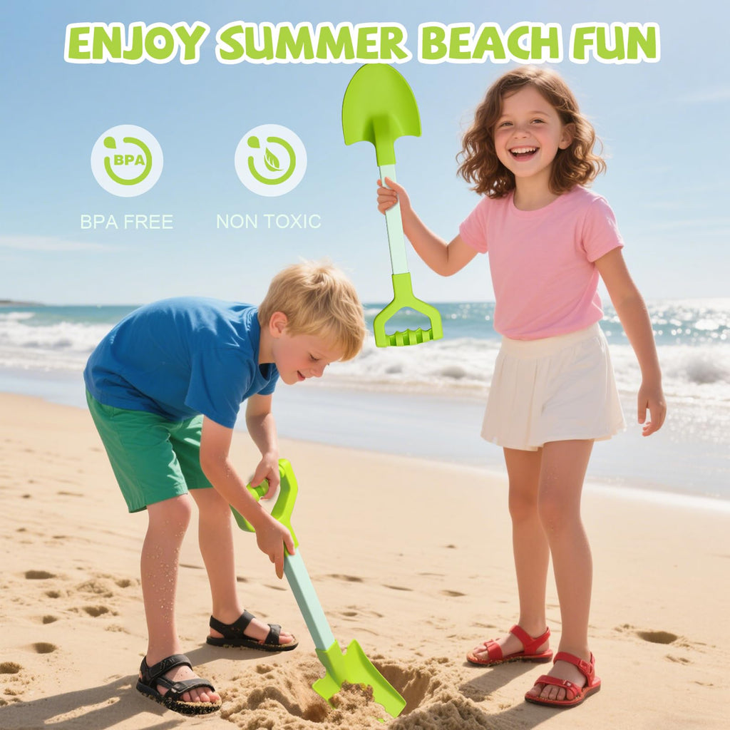 2-Pack 20-Inch Green Kids Beach Shovels - Heavy Duty Plastic Sand Scoops for Sandbox, Garden & Snow