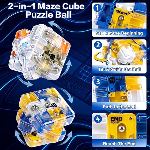 2-Pack 3D Maze Cube Puzzle Battle Set – 2-in-1 Twist & Roll Brain Teaser for Kids Teens (Blue & Yellow)