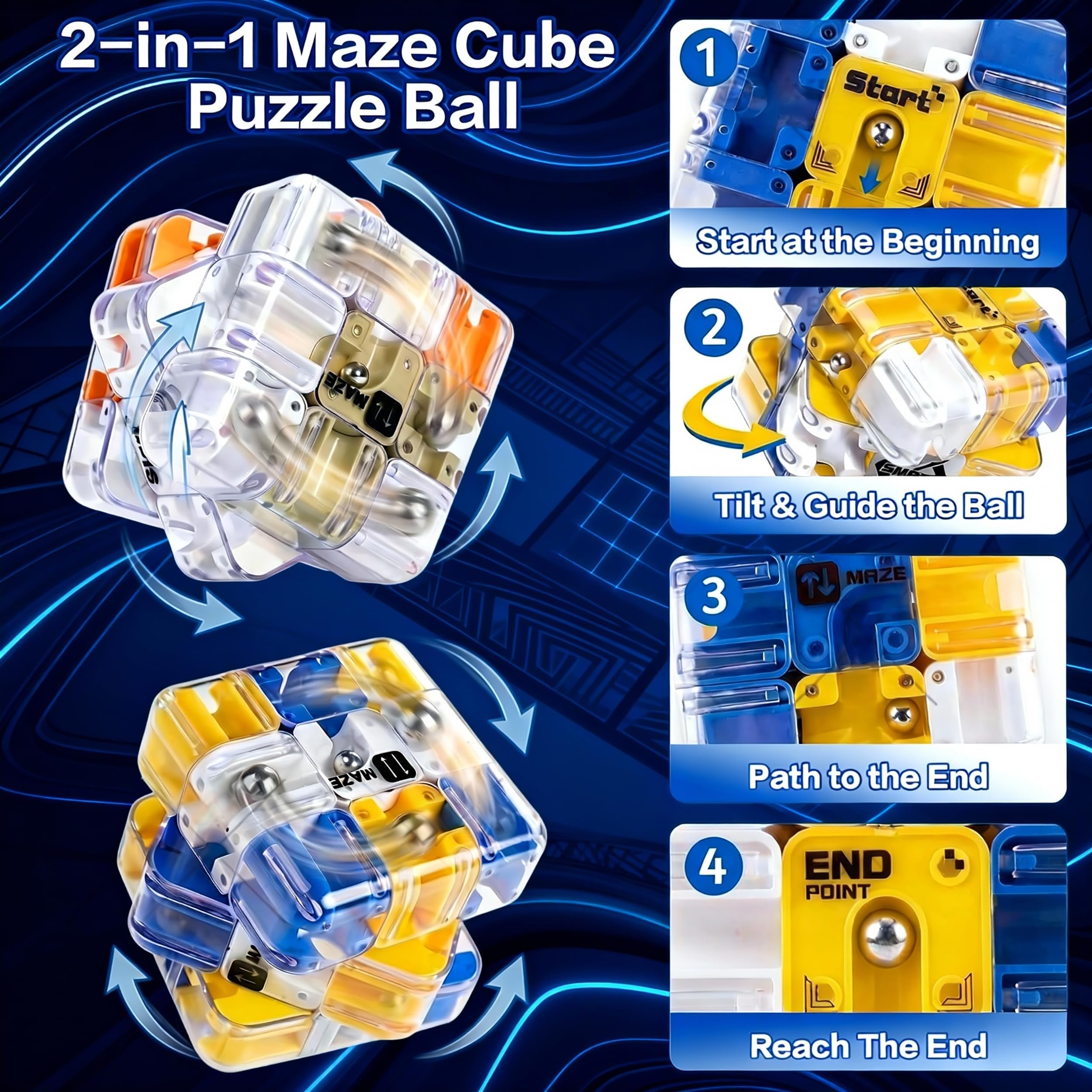 2-Pack 3D Maze Cube Puzzle Battle Set – 2-in-1 Twist & Roll Brain Teaser for Kids Teens (Blue & Yellow)