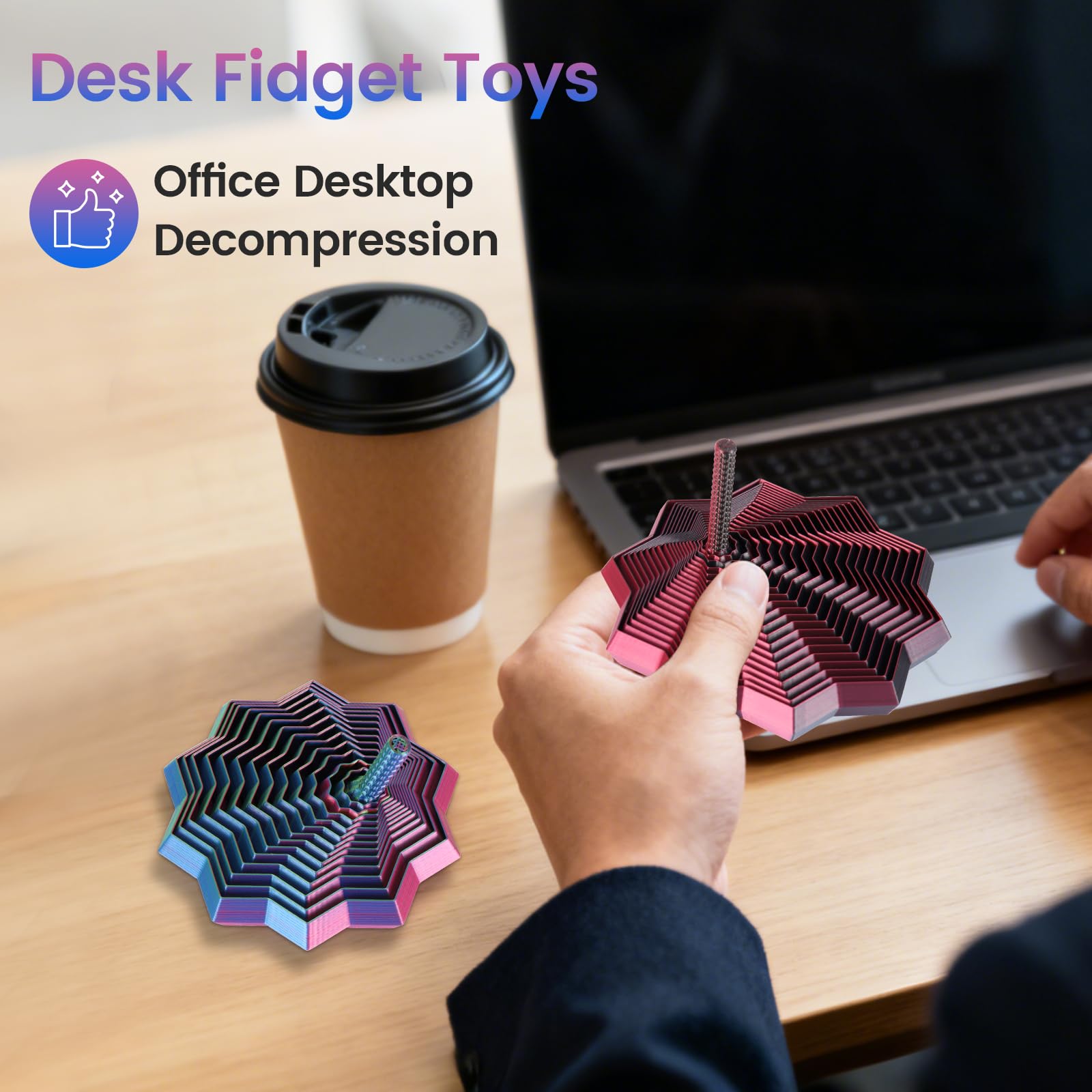 2 Pack 3D Printed Fidget Stars – Hexagon Whirling Spiral Sensory Toy for Stress Relief, 2 Sizes, for Kids Teens Adults