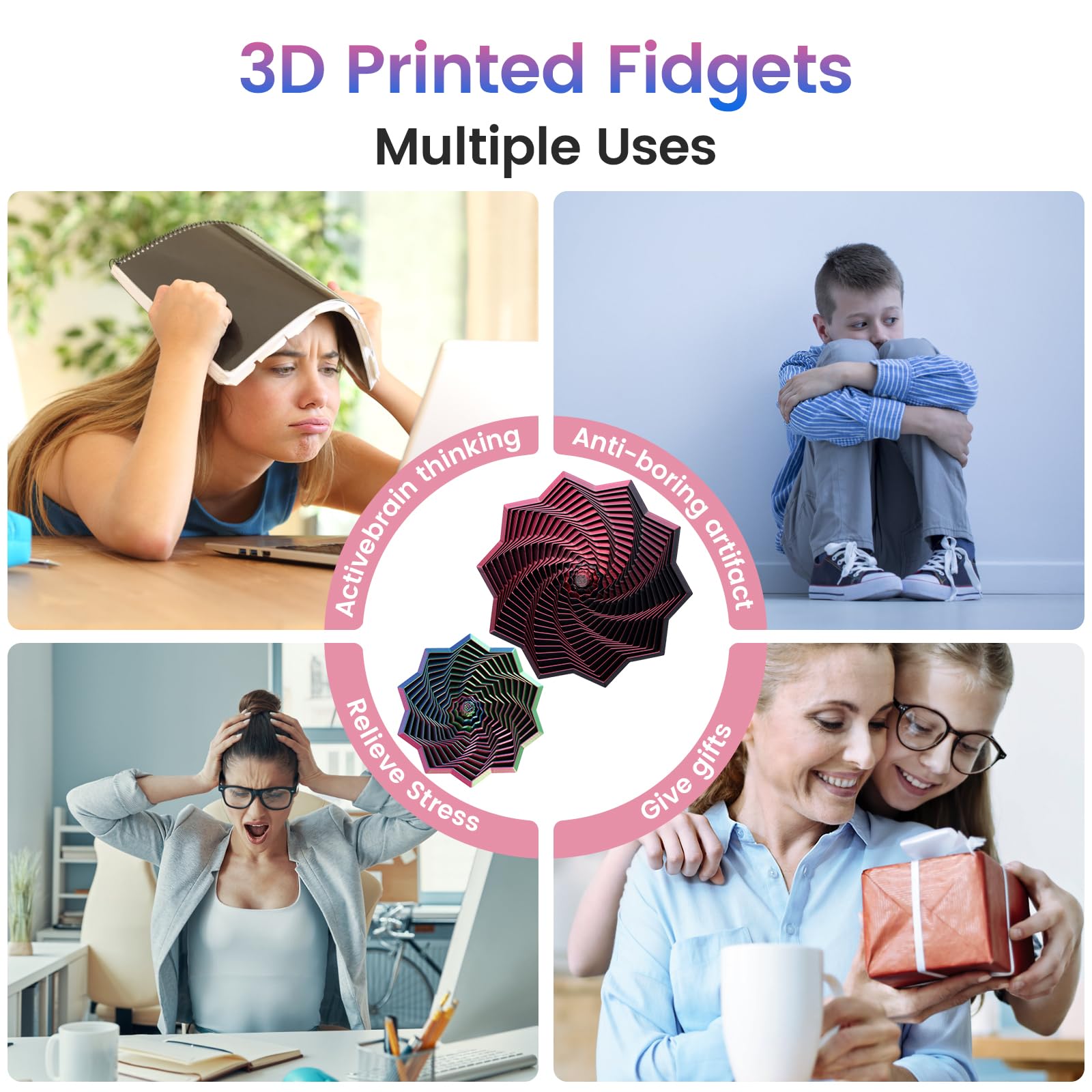 2 Pack 3D Printed Fidget Stars – Hexagon Whirling Spiral Sensory Toy for Stress Relief, 2 Sizes, for Kids Teens Adults
