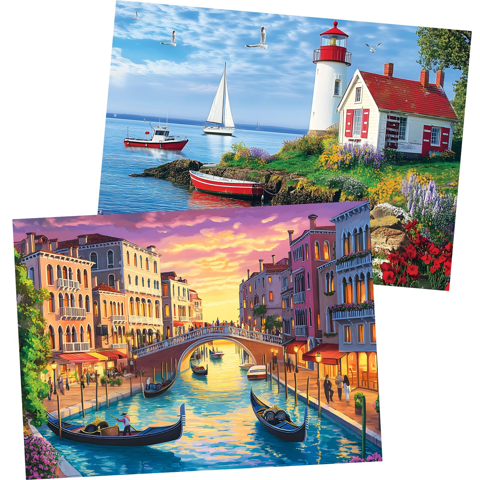 2-Pack 500-Piece Jigsaw Puzzles for Adults – Beach and Venice City Scenes, Premium Cardboard, Family Game Night Gift