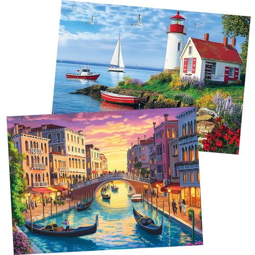 2-Pack 500-Piece Jigsaw Puzzles for Adults – Beach and Venice City Scenes, Premium Cardboard, Family Game Night Gift