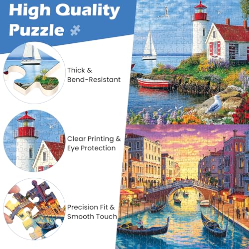 2-Pack 500-Piece Jigsaw Puzzles for Adults – Beach and Venice City Scenes, Premium Cardboard, Family Game Night Gift