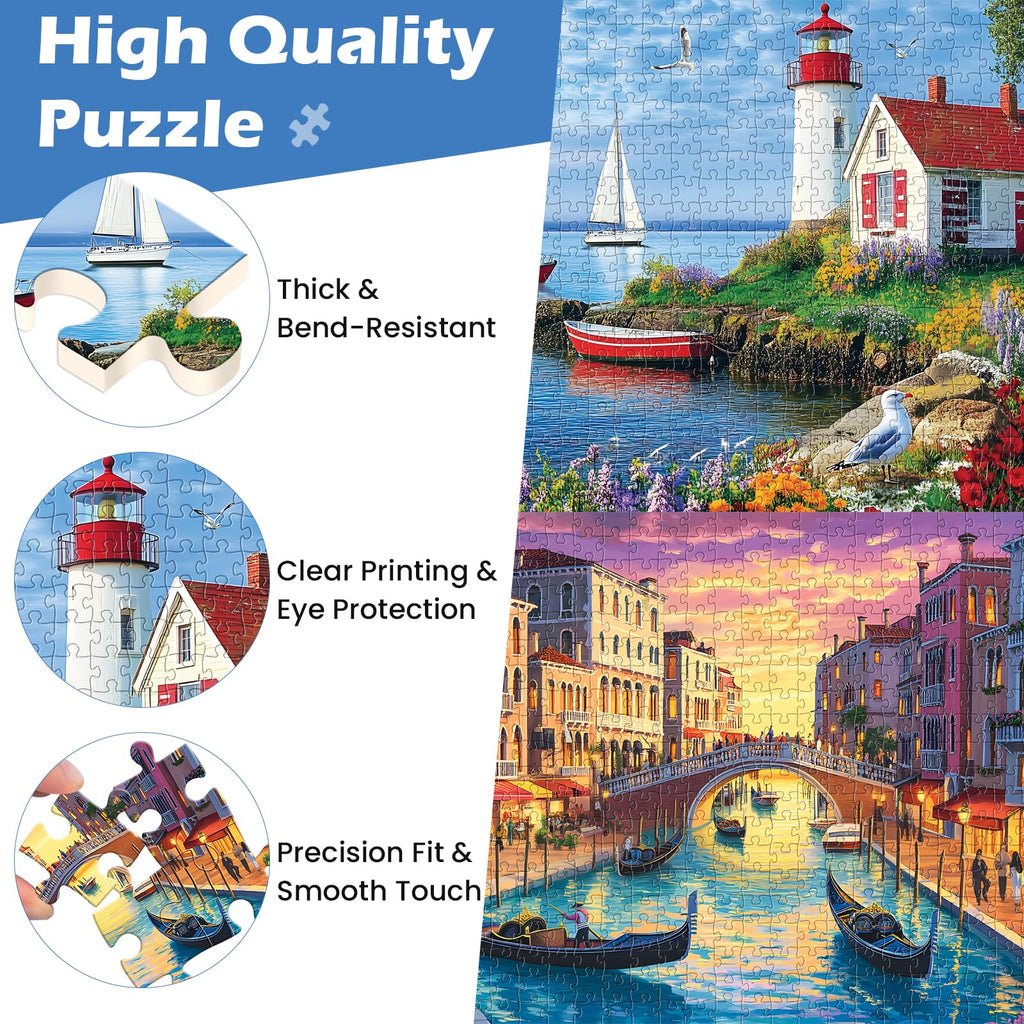 2-Pack 500-Piece Jigsaw Puzzles for Adults – Beach and Venice City Scenes, Premium Cardboard, Family Game Night Gift
