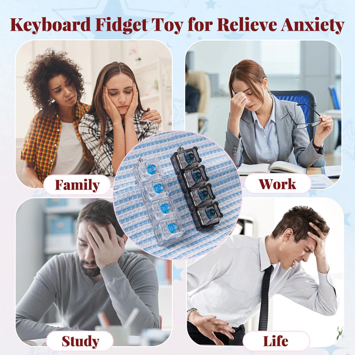 2-Pack Bear Keyboard Fidget Toy with LED Lights – Cute Clicky Keychain for Stress Relief (Black & White Transparent)