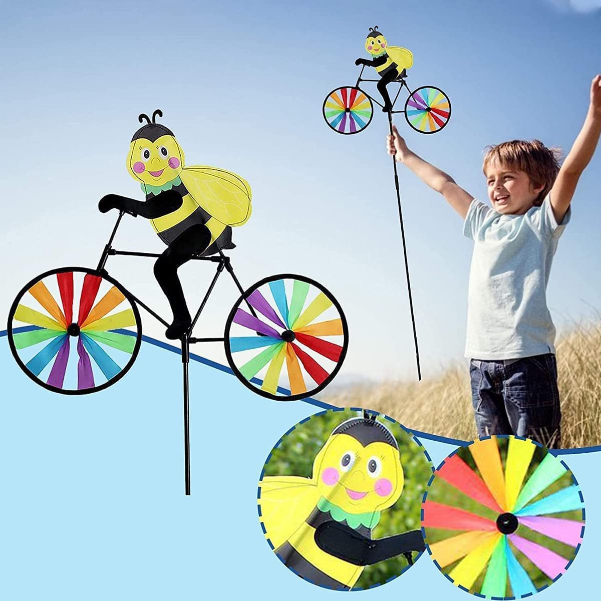 2-Pack Bee Bike Wind Spinner – 35.43-Inch Animal Garden Decoration with Powder-Coated Plastic