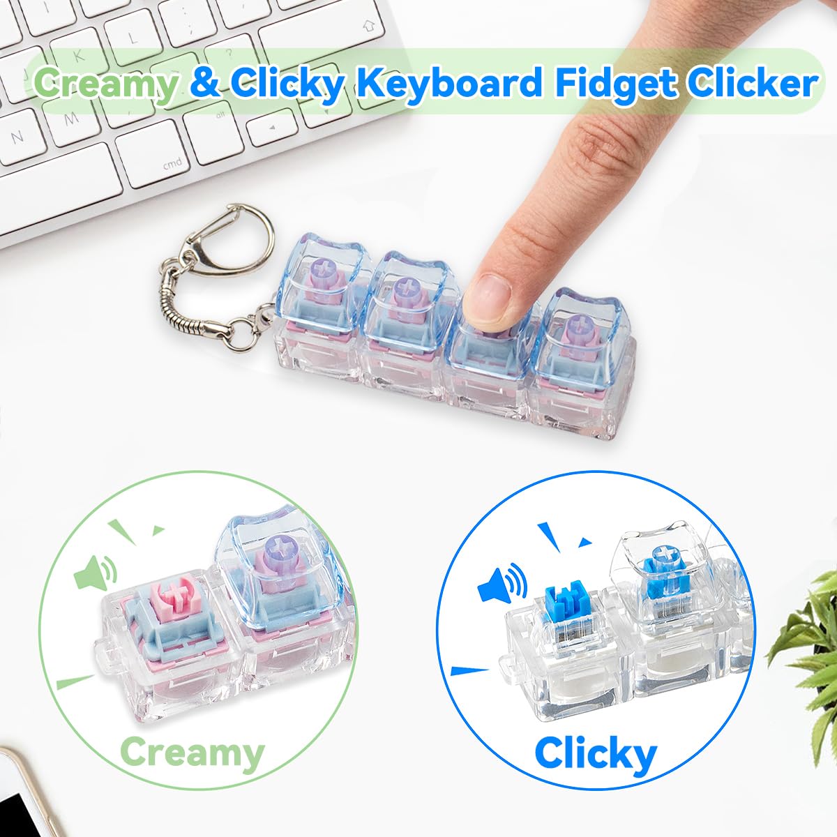 2-Pack Cat Keyboard Fidget Keychain: Creamy & Clicky Stress Relief Toy with Light and No Light Versions (White/Blue)