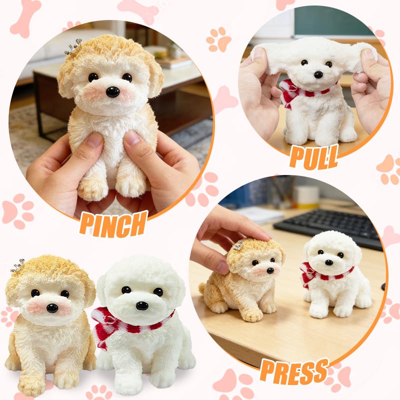 2-Pack Cute Squishy Dog Toys - Handmade Soft Silicone Stress Relief Toy for Kids and Adults (White-Curry)