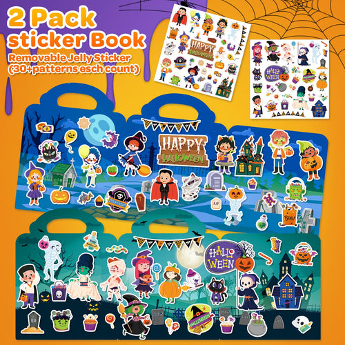 2-Pack Halloween Reusable Sticker Books for Toddlers 1-6: Jelly Stickers for Kids 2-4, Travel Toys and Holiday Gifts