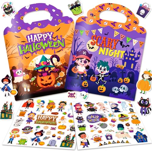 2-Pack Halloween Reusable Sticker Books for Toddlers 1-6: Jelly Stickers for Kids 2-4, Travel Toys and Holiday Gifts
