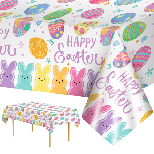 2-Pack Happy Easter Plastic Tablecloth – 108 x 54 Inch Rectangle, Disposable Bunny & Egg Design for Spring Party Decor