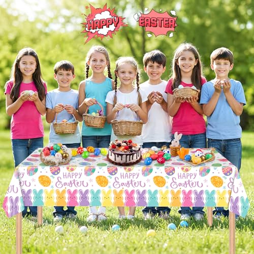 2-Pack Happy Easter Plastic Tablecloth – 108 x 54 Inch Rectangle, Disposable Bunny & Egg Design for Spring Party Decor