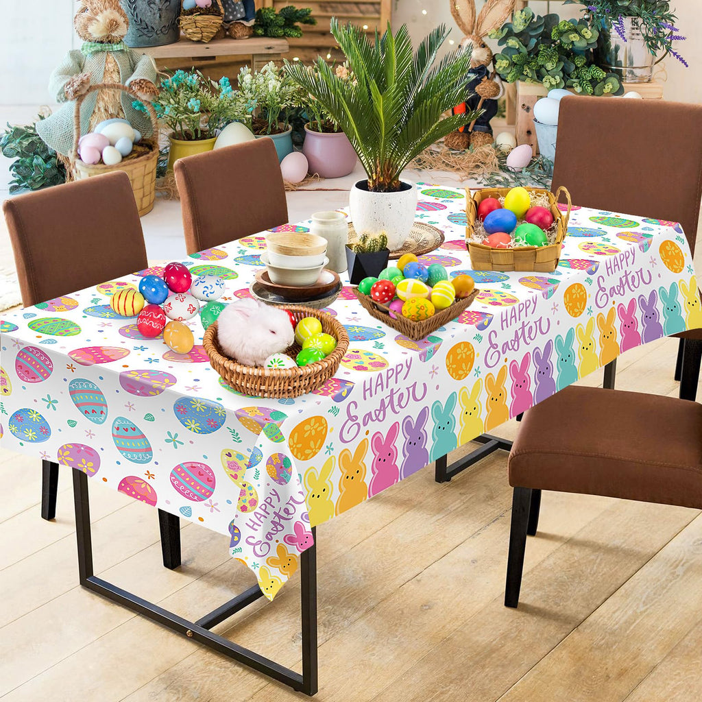 2-Pack Happy Easter Plastic Tablecloth – 108 x 54 Inch Rectangle, Disposable Bunny & Egg Design for Spring Party Decor