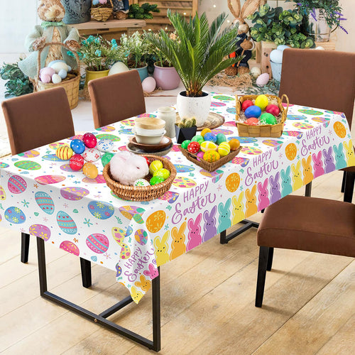 2-Pack Happy Easter Plastic Tablecloth – 108 x 54 Inch Rectangle, Disposable Bunny & Egg Design for Spring Party Decor